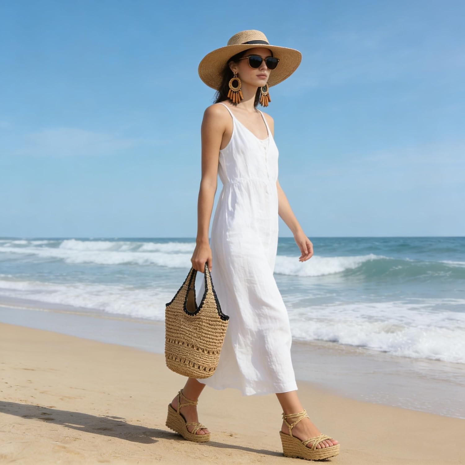 Jollque Straw Bag For Women, Raffia Tote Large Summer Beach Purse Woven Shoulder Bags Boho Vacation Handbag With Zipper