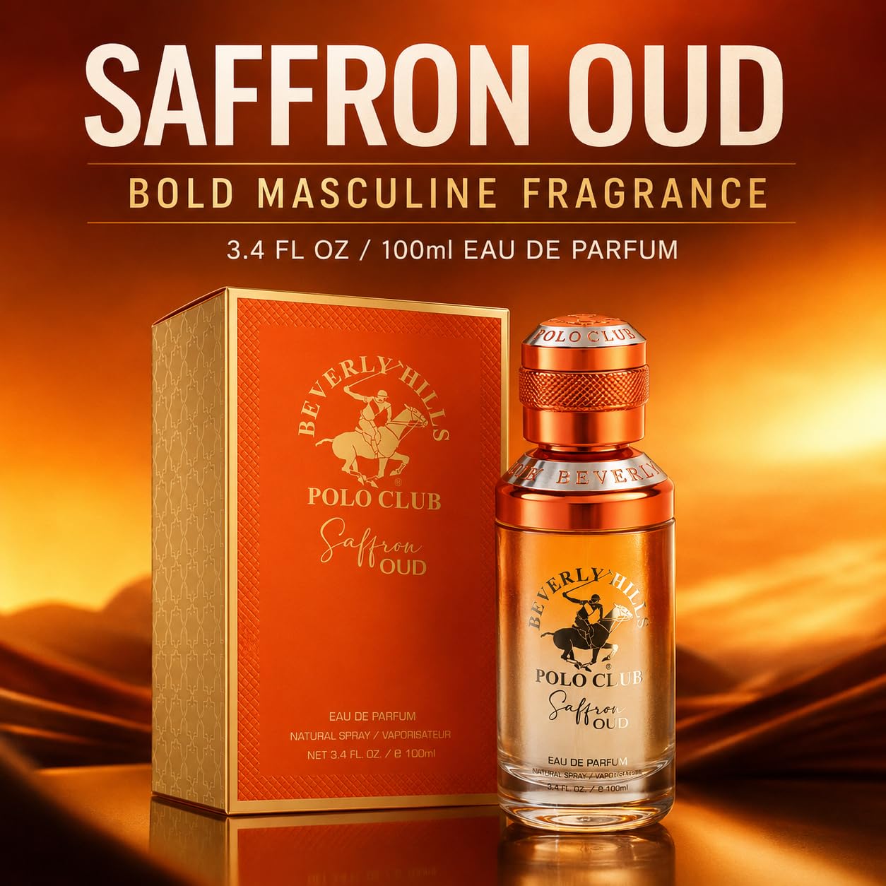 Beverly Hills Polo Club Saffron Oud Eau De Parfum For Men – 3.4 Fl Oz / 100Ml | Rich Oriental Saffron & Oud Cologne | Long-Lasting All-Day Masculine Fragrance Spray