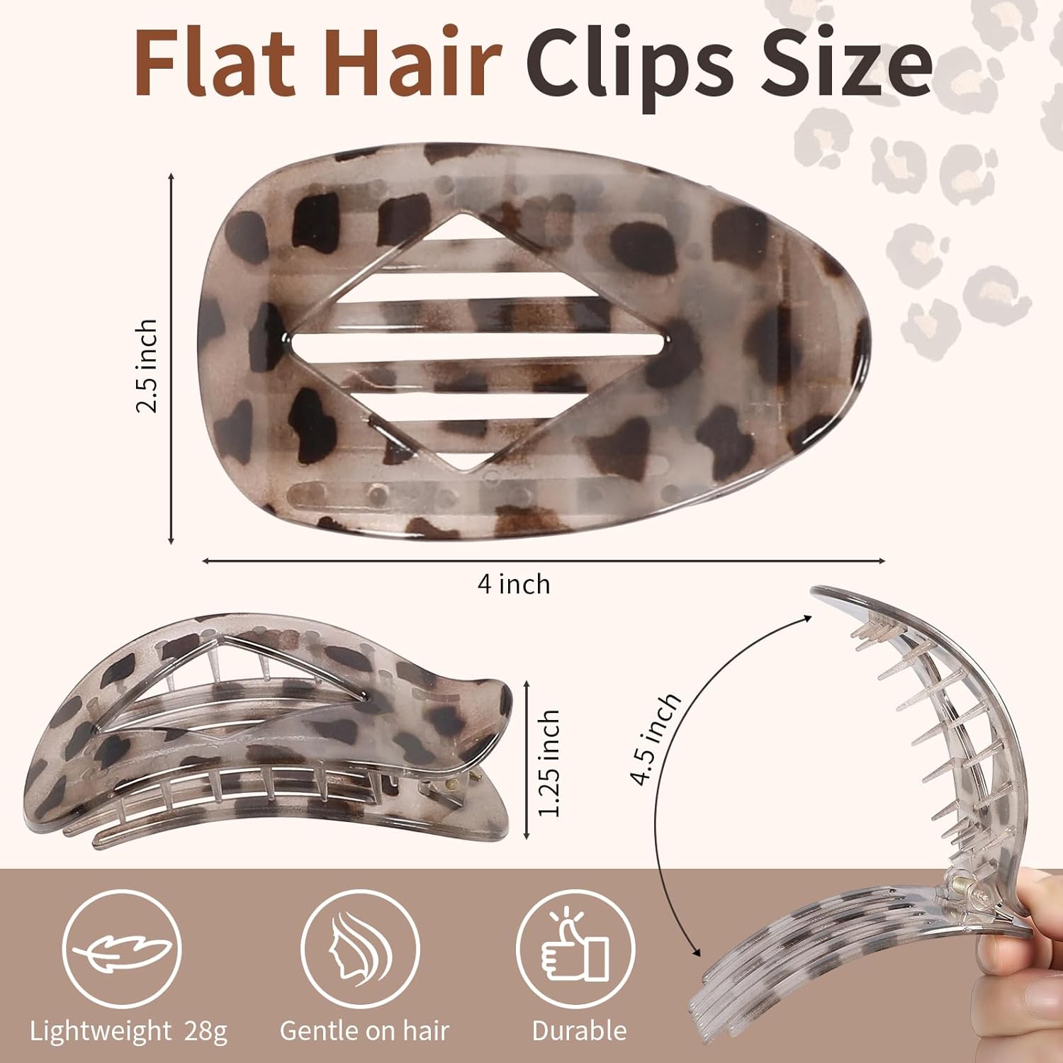 10 PCS Flat Hair Clips for Women - Large Matte & Tortoise Hair Claw Clips, 4.2 Inch Strong Hold Non-Slip Jaw Clips for Thick/Thin Hair, Neutral Leopard Hair Accessories for Daily Styling(Leopard)