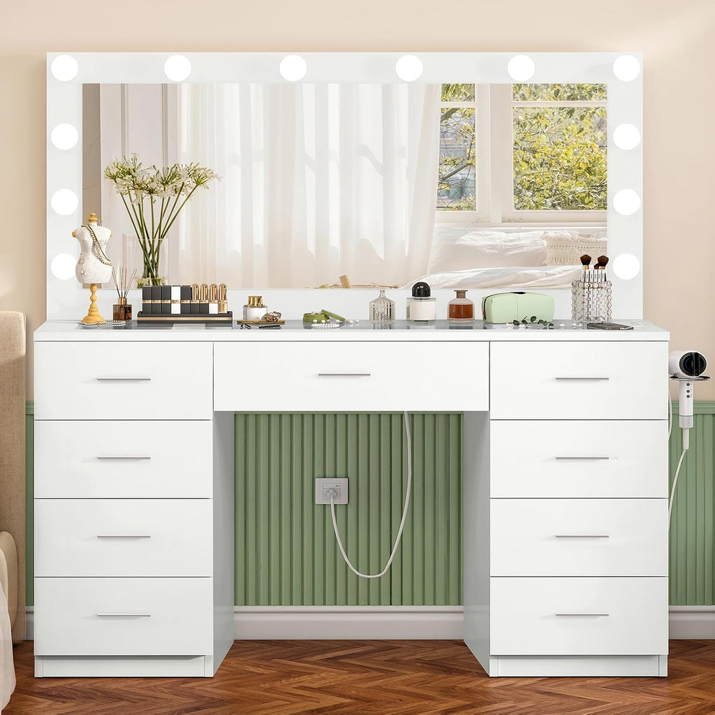 Fioneso 46" Vanity Desk With Glass Top & Lights Mirror, 3 Adjustable Lighting Color, Makeup Vanity With 9 Drawers And 12 Led Lights, Dressing Table For Bedroom, Vanity For Girls, White