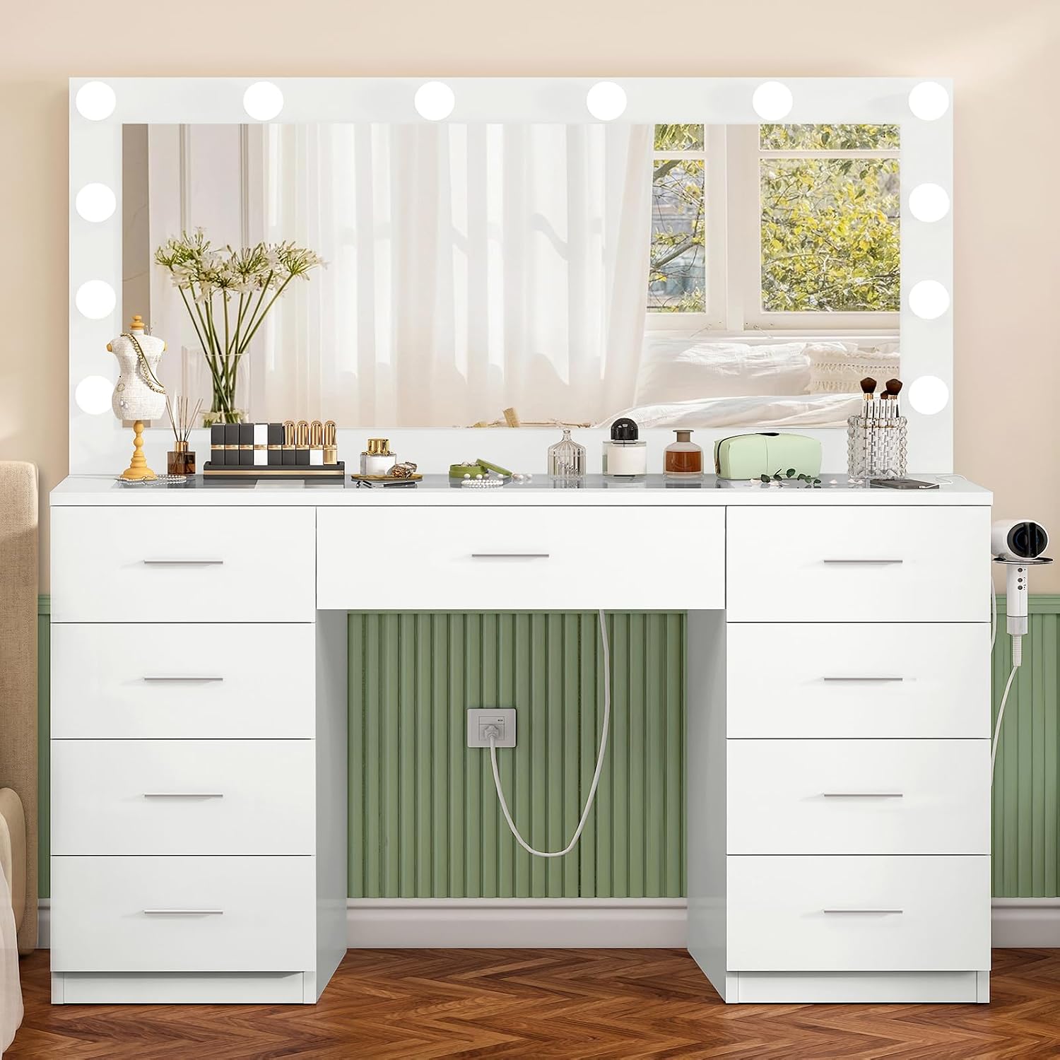 Fioneso 46" Vanity Desk With Glass Top & Lights Mirror, 3 Adjustable Lighting Color, Makeup Vanity With 9 Drawers And 12 Led Lights, Dressing Table For Bedroom, Vanity For Girls, White