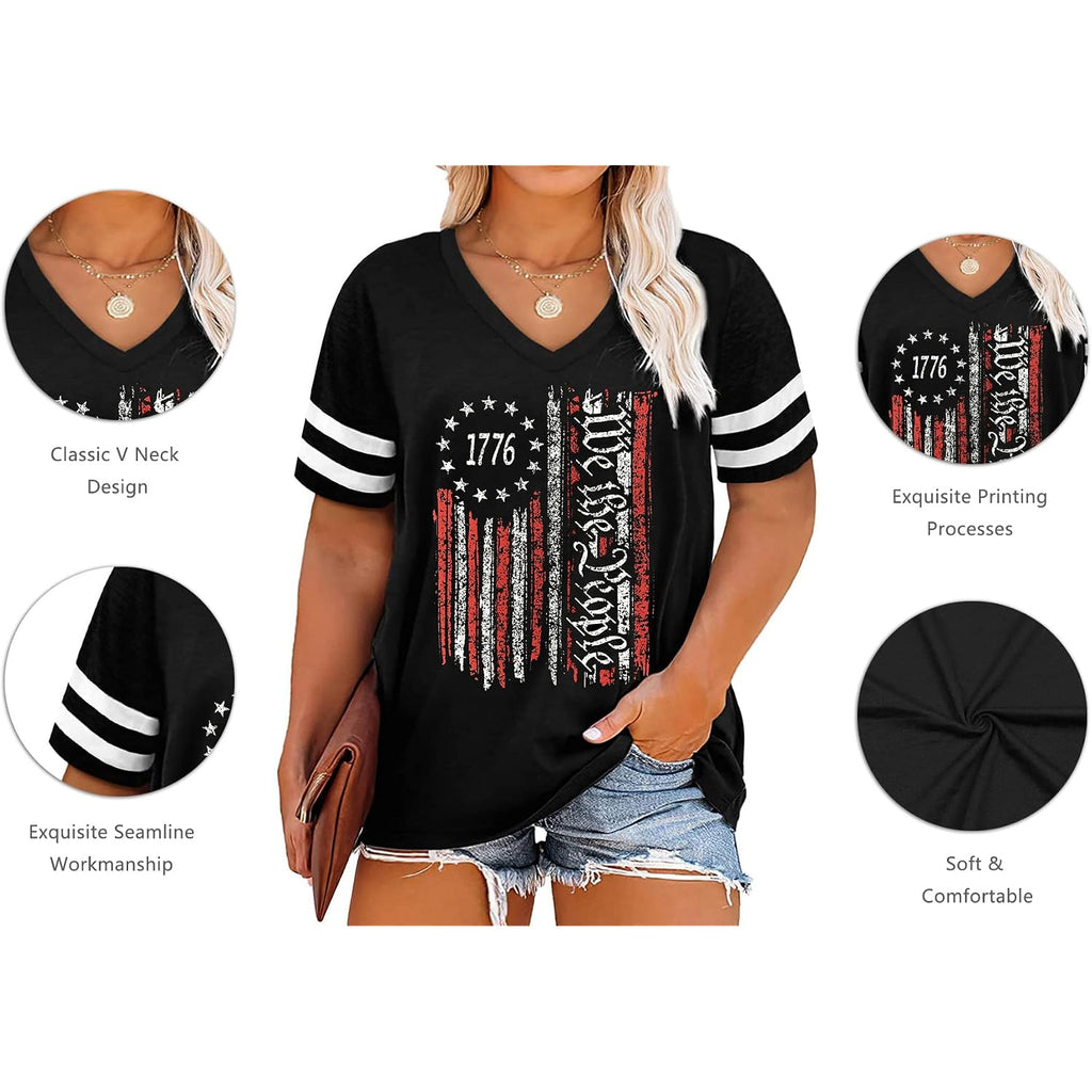 Plus Size Tops American Flag Shirts Womens V Neck Patriotic Tshirt USA Graphic Tee 4th of July T-Shirt