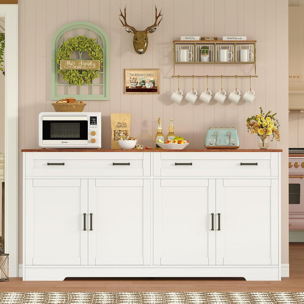 Usikey 55" Buffet Cabinet With Storage And Drawers, Large Sideboard Buffet Cabinet With Adjustable Shelves And Doors, Modern Coffee Bar For Kitchen, Living Room, White