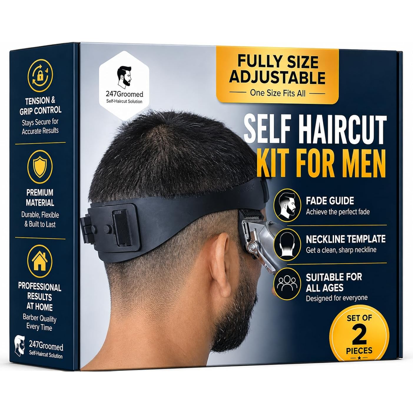 247 Groomed Self Haircut Kit For Men | 2Pcs Selfcut Guide For Men: Neckline Shaving Template & Fade Guide | Adjustable Size Hair Fade Tool & Stable Neck Line Up Tool | Hair Cut For Kids & Seniors