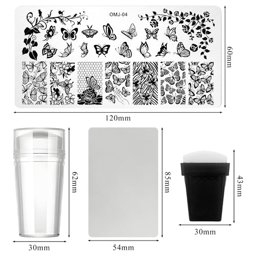 7pc Nail Stamping Plate Kit Butterfly Heart Letter Nails Stamp Plate Leaf Flower Nail Art Template Stencil Fingernail Polish Stamps Plates Set Silicone Stamper Scraper French Tips Nails Design Tools