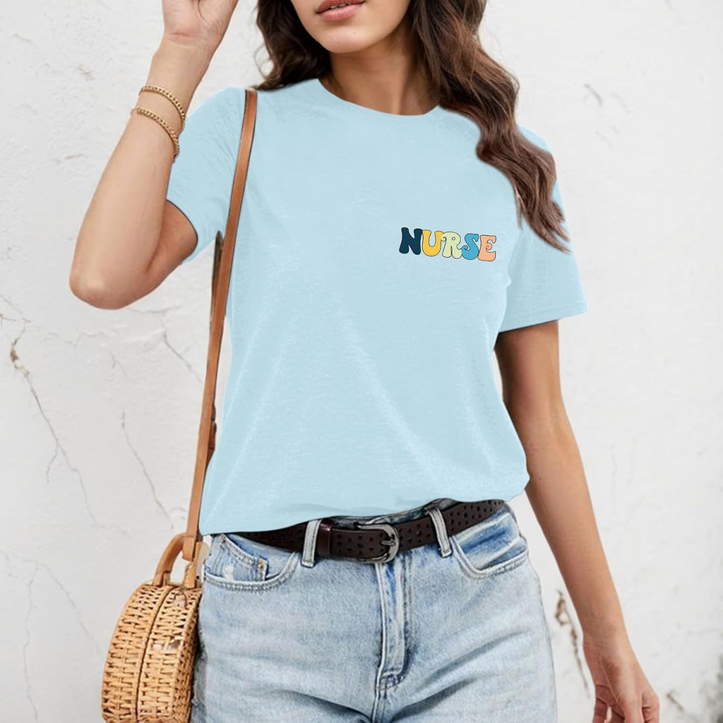 Nurse Graphic Shirts for Women Boho Floral Nurse Life T Shirt Stethoscope Oversized Graphic Tees Nurses Day Gifts Light Blue