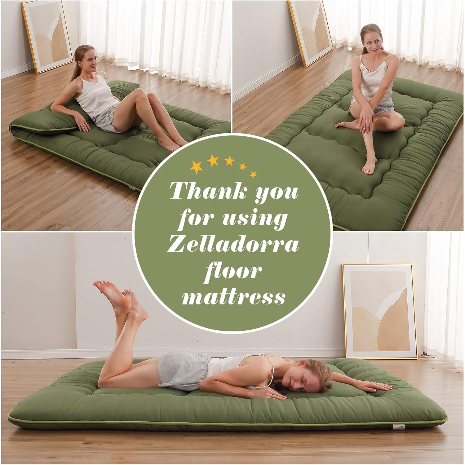 Japanese Floor Mattress, Futon Mattress With Portable Storage Bag And Washable Cover, Roll Up Thick Tatami Mat Suitable For Camping, Guest Room, Green, Twin