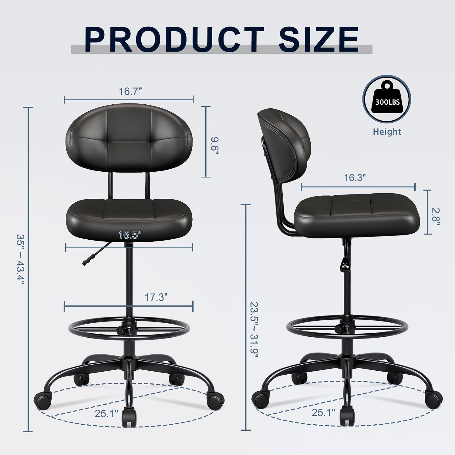 Misolant Drafting Chair Without Arms, Tall Office Chair With Footrest Ring For Standing Desk, Small Faux Leather Executive Office Chair With Adjustable Height For Bar Lab Counter Height Desk, Black