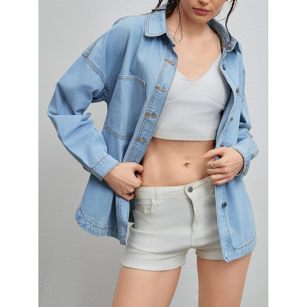 Women Denim Shirt Jean Jacket Oversize Button Down Shirt Long Sleeve Jean Tops Trendy Shackets