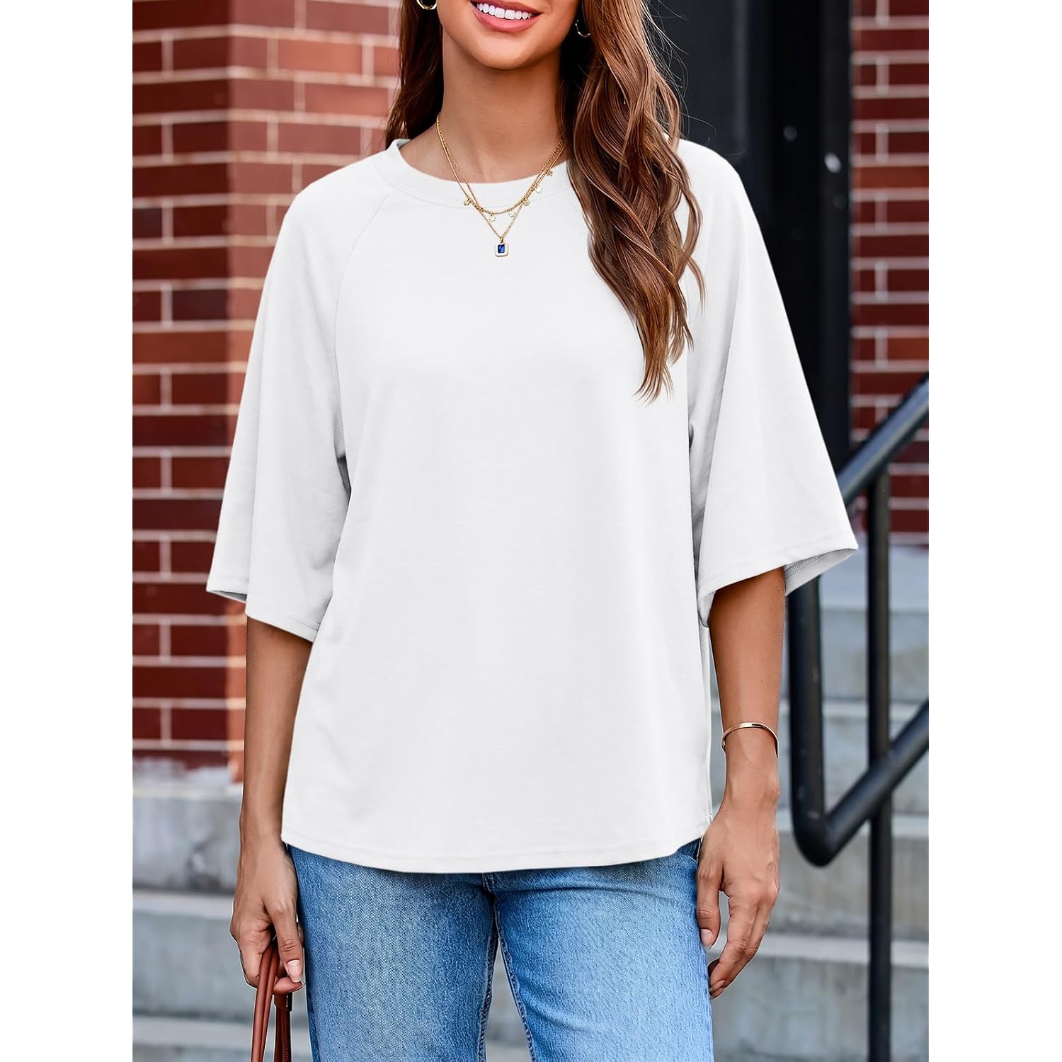 Tankaneo Womens Oversized Half Sleeve T-Shirts Trendy Casual Baggy Loose Fit Tops Summer Crew Neck Tees Shirts