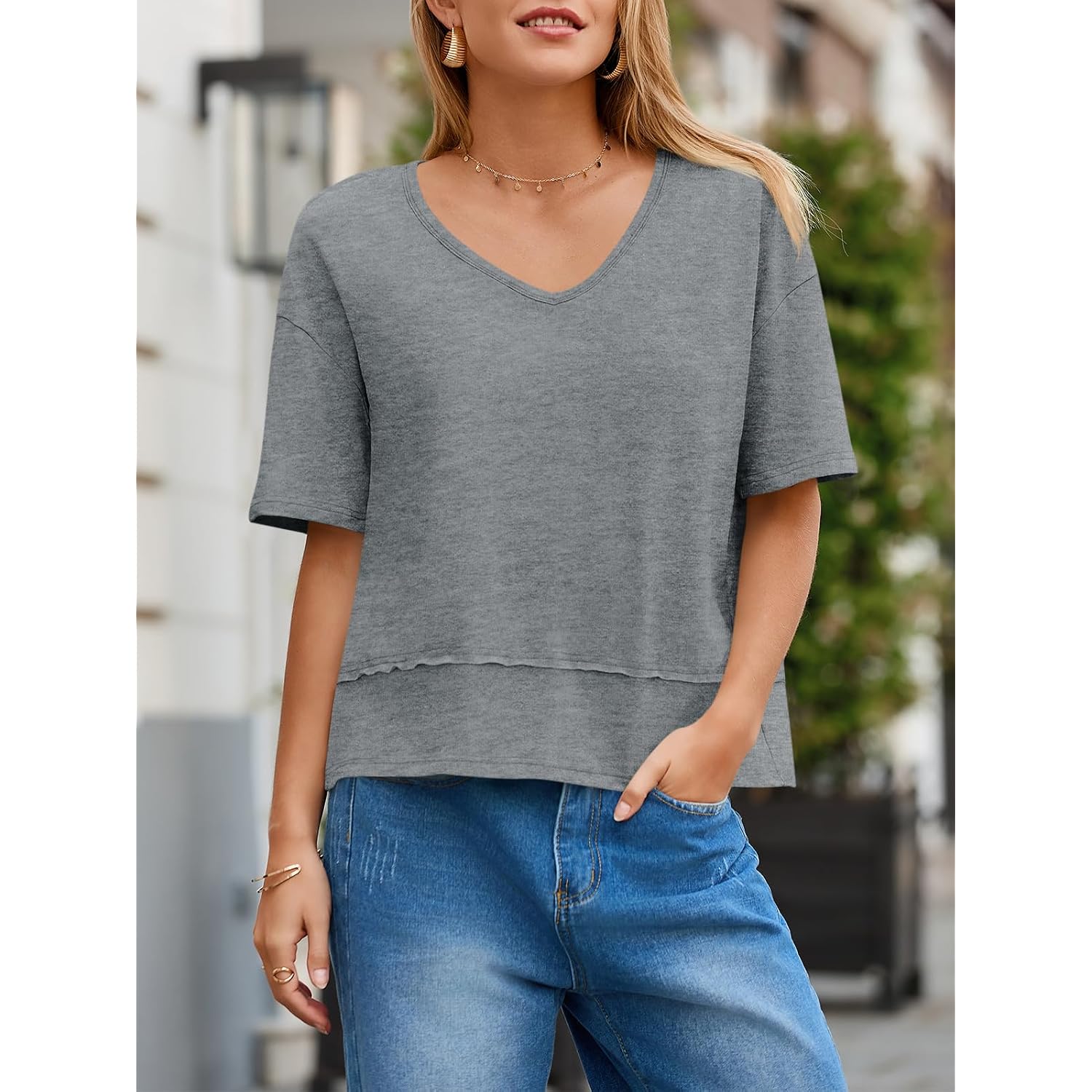 Cicy Bell Womens Summer V Neck T Shirts Casual Short Sleeve Flowy Tops Cute Loose Fit Basic Tees