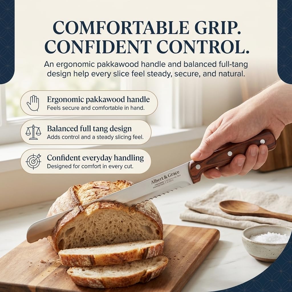 Albert&Grace 10.5-Inch Serrated Bread Knife with Full-Length Sheath – Ultra Sharp, Low-Crumb Slicing for Sourdough, Homemade Bread & Bagels
