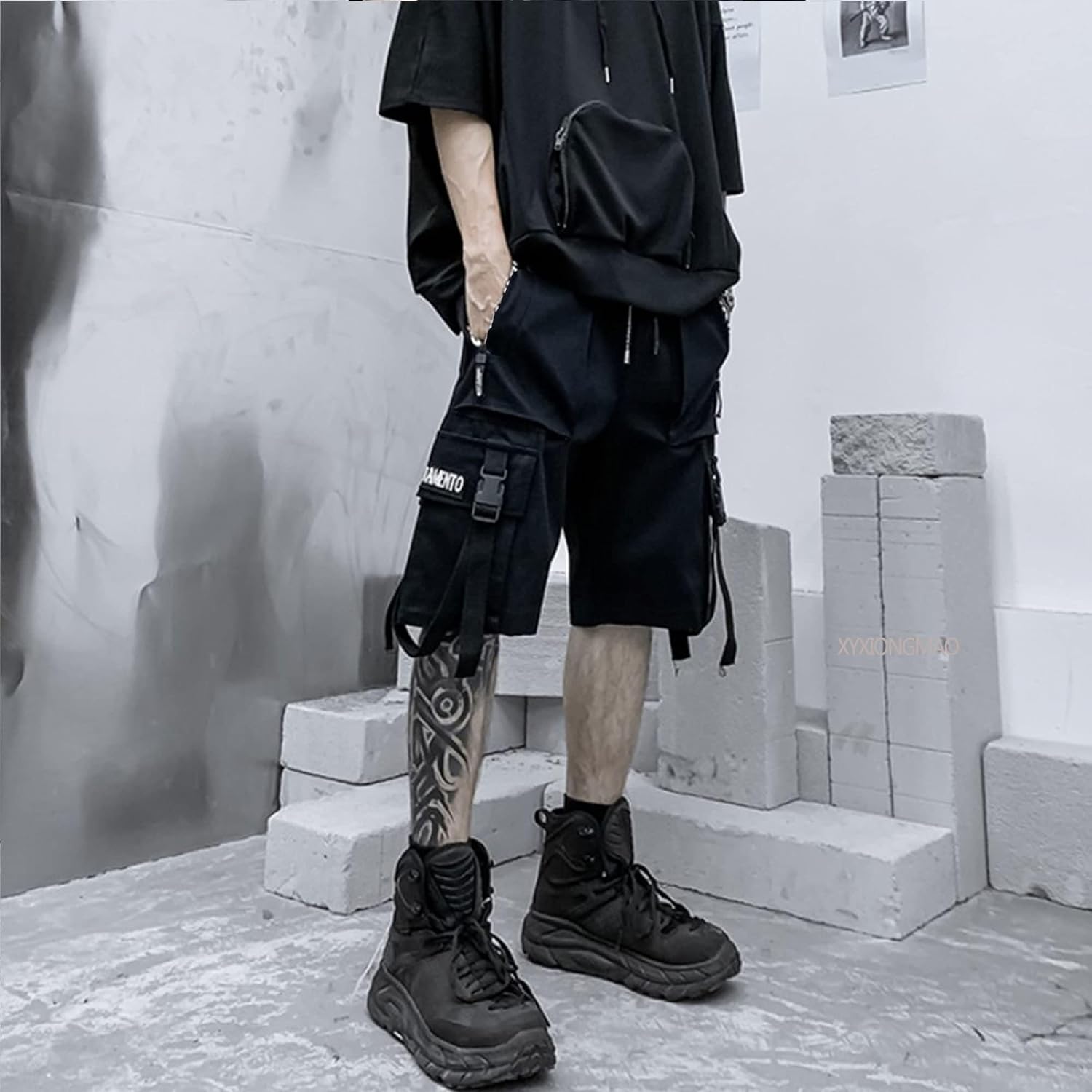 Xyxiongmao Men'S Joggers Techwear Black Hip Hop Cargo Shorts Streetwear Sweatpants Cargo Pants For Men