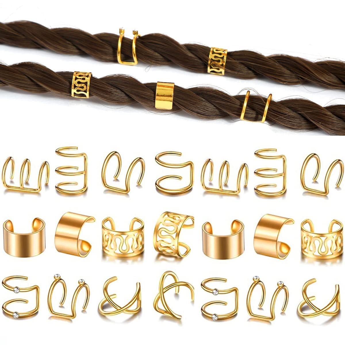 24 Pcs Gold Silver Hair Braids Dreadlock Non-Piercing Ear Clip Beard Beads Cuffs Clip Hair Accessories Styling Fashion Jewelry Gift Toos For Women Men