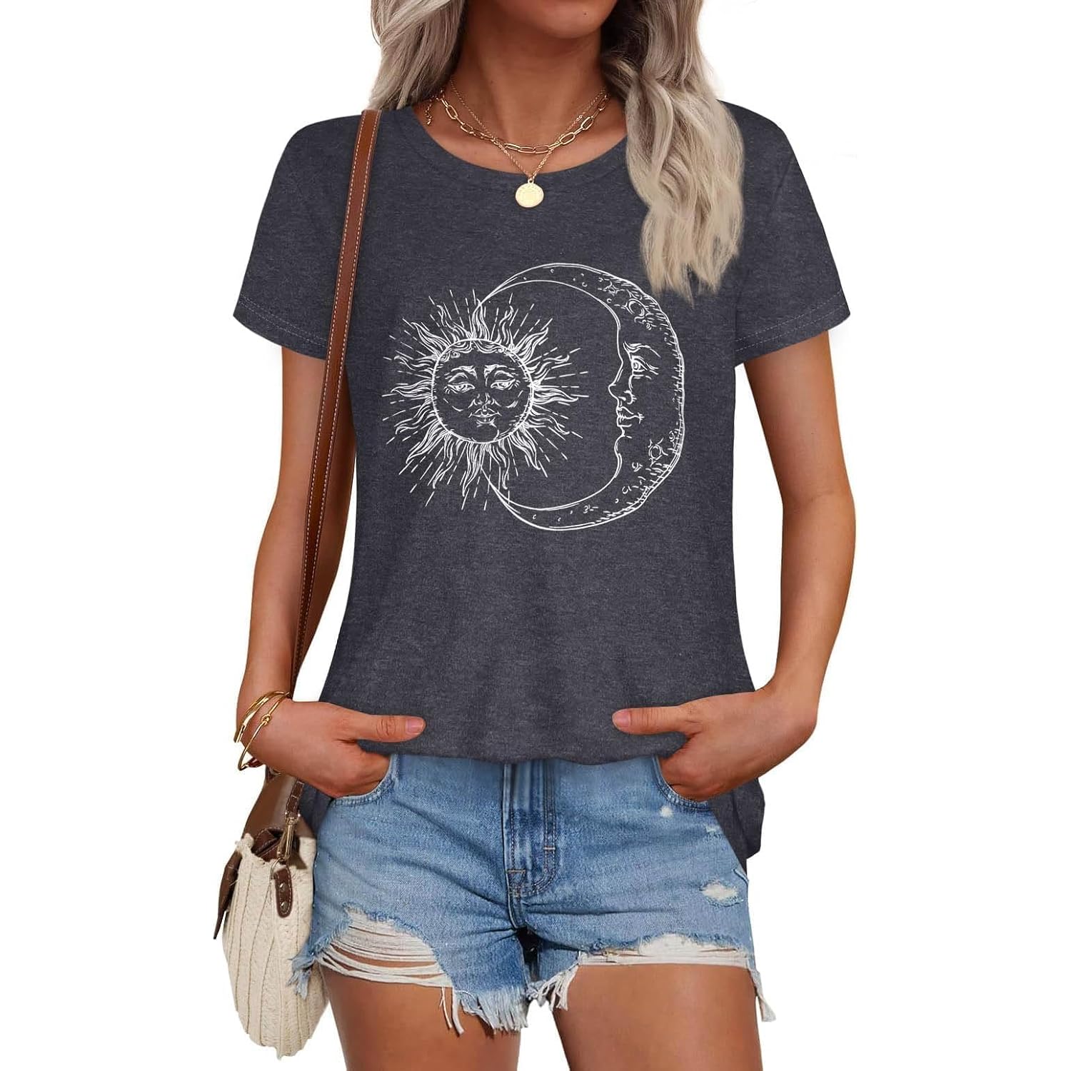 T Shirts for Women Summer Short Sleeve Crewneck Casual Cute Graphic Basic Tees Tops 2026 A Deep Grey Moon