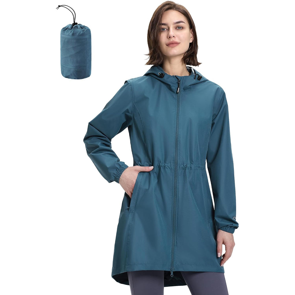 Outdoor Ventures Women'S Waterproof Long Rain Coats Packable Lightweight Rain Jacket With Hood Windproof Trench Coats
