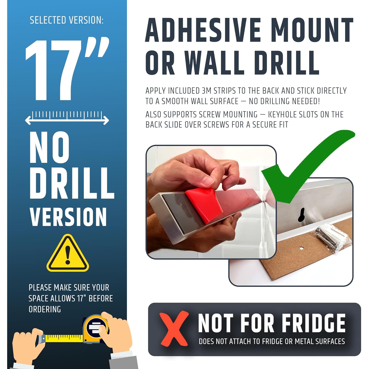 17" Strong Adhesive (No Drill) Magnetic Knife Holder for Wall - Professional Knife Strip - No Screws Needed - Adhesive Backing - Stainless Steel Knife Bar (Upgraded Version – Will Not Fall)
