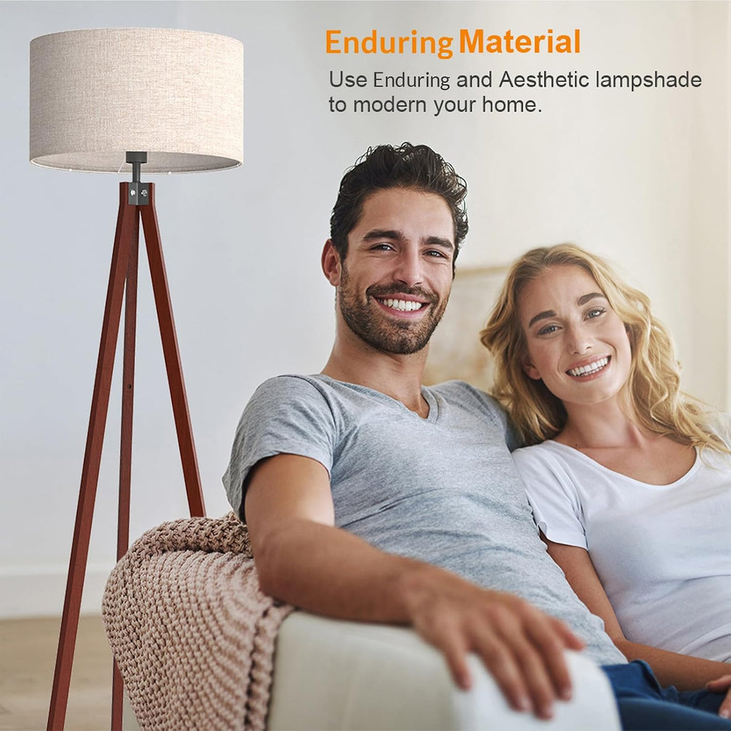 Lepower Tripod Floor Lamp Mid Century Modern Standing Lamps For Living Room | Light-Diffusing Linen Shade, Premium Rubberwood Tripod With E26 Base, Adding Warmth To Bedroom, Office & Study Corner Brown