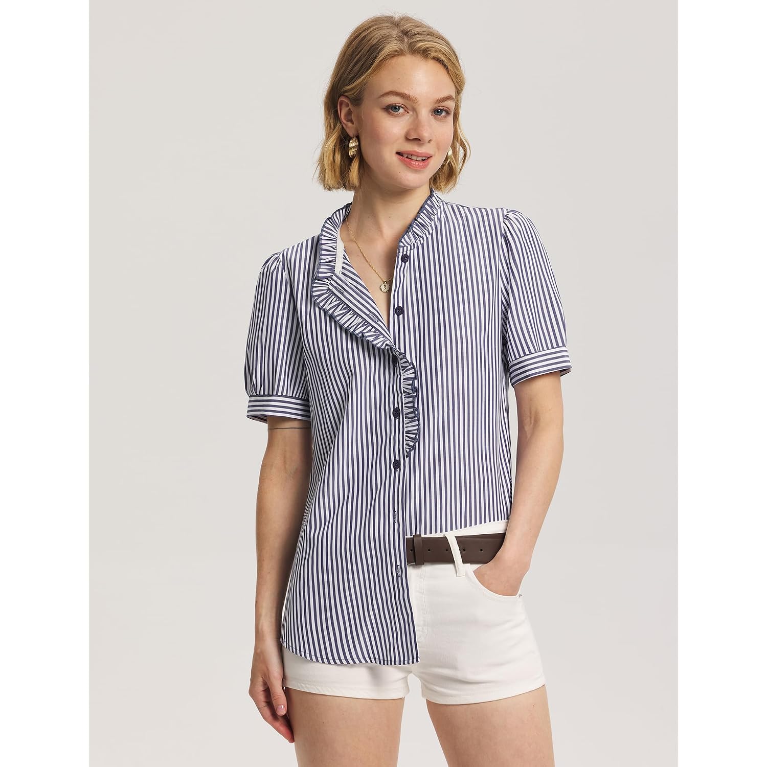 Lomon Button Down Shirts For Women Dressy Casual Puff Short Sleeve Ruffle Blouses Office Tops Work Shirt