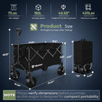 150L Collapsible Wagon Compact With Big Wheels, 420Lbs Black | Wagons Carts Foldable, Heavy Duty, Portable, All-Terrain, Utility Folding Cart For Shopping/Beach/Garden/Camping/Sports