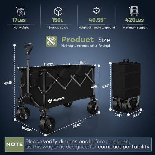 150L Collapsible Wagon Compact With Big Wheels, 420Lbs Black | Wagons Carts Foldable, Heavy Duty, Portable, All-Terrain, Utility Folding Cart For Shopping/Beach/Garden/Camping/Sports