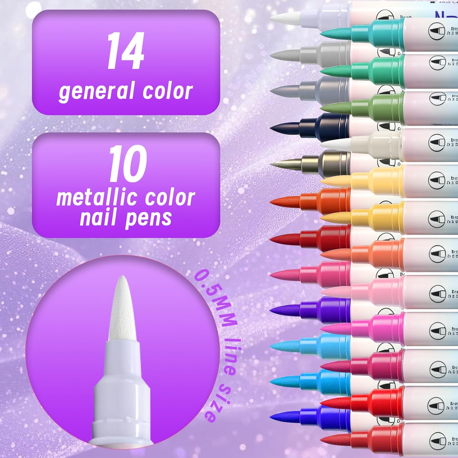 Nail Art Acrylic Marker Pens with Stencils, 24 Colors Dual Tip Water-Based Markers, 14 Nail Stickers Heart Butterfly Flowers Star Designs, Quick-Dry DIY Nail Tools for Women and Girls