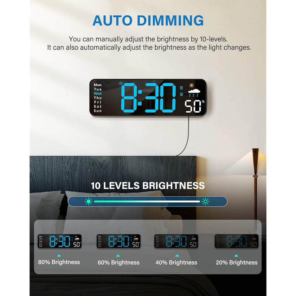 Digital Wall Clock, Digital Clock Large Display With Remote Control, Corded Led Alarm Clocks With Date, Week, Temp, Humidity, Auto Dst, Countdown, For Living Room Bedroom Classroom Office (Blue)