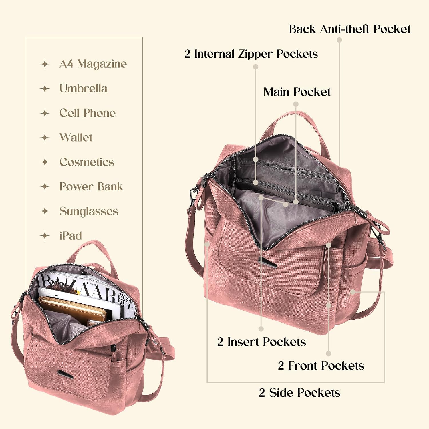Backpack Purse For Women, Women Backpack Purse Small Leather Waterproof Anti-Theft Shoulder Bags Handbags Ladies