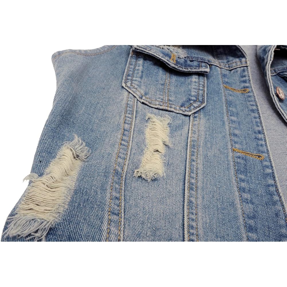 Womens Denim Jean Vest Classic Junior Button Up Cropped Distressed Sleeveless Jean Jacket