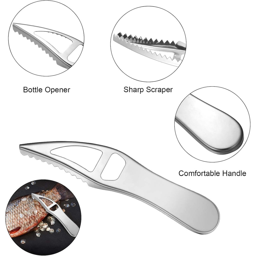 Honoson 4 Pcs Stainless Steel Fish Scale Remover Scaler With Bottle Opener | Fish Skin Peeler, Descaler Cleaner, Stainless Steel Blade, 4 Pack Kitchen Fish Cleaning Tool