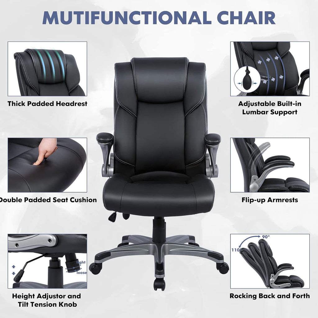 Colamy High Back Executive Office Chair - Padded Leather Ergonomic Computer Desk Chair With Inflatable Lumbar Support & Flip-Up Arms, Adjustable Tilt Lock Swivel Task Chair For Home Office, Black