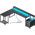 66" L Shaped Gaming Desk With Led Lights & Power Outlets, Computer Desk With Fabric Drawers And Print Stand, Corner Office Desk, Monitor Stand, Mesh Cpu Stand, Black