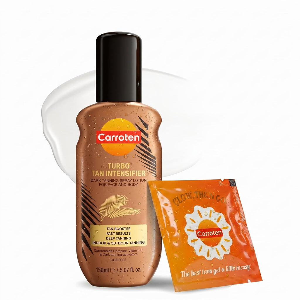 Carroten Turbo Tan Intensifier | Tanning Primer For Fast Long-Lasting Results | Deep Tanning Spray Lotion For Face & Body | Quick-Drying, Lightweight Hydration | Made In Greece | 5 Oz + Wipe