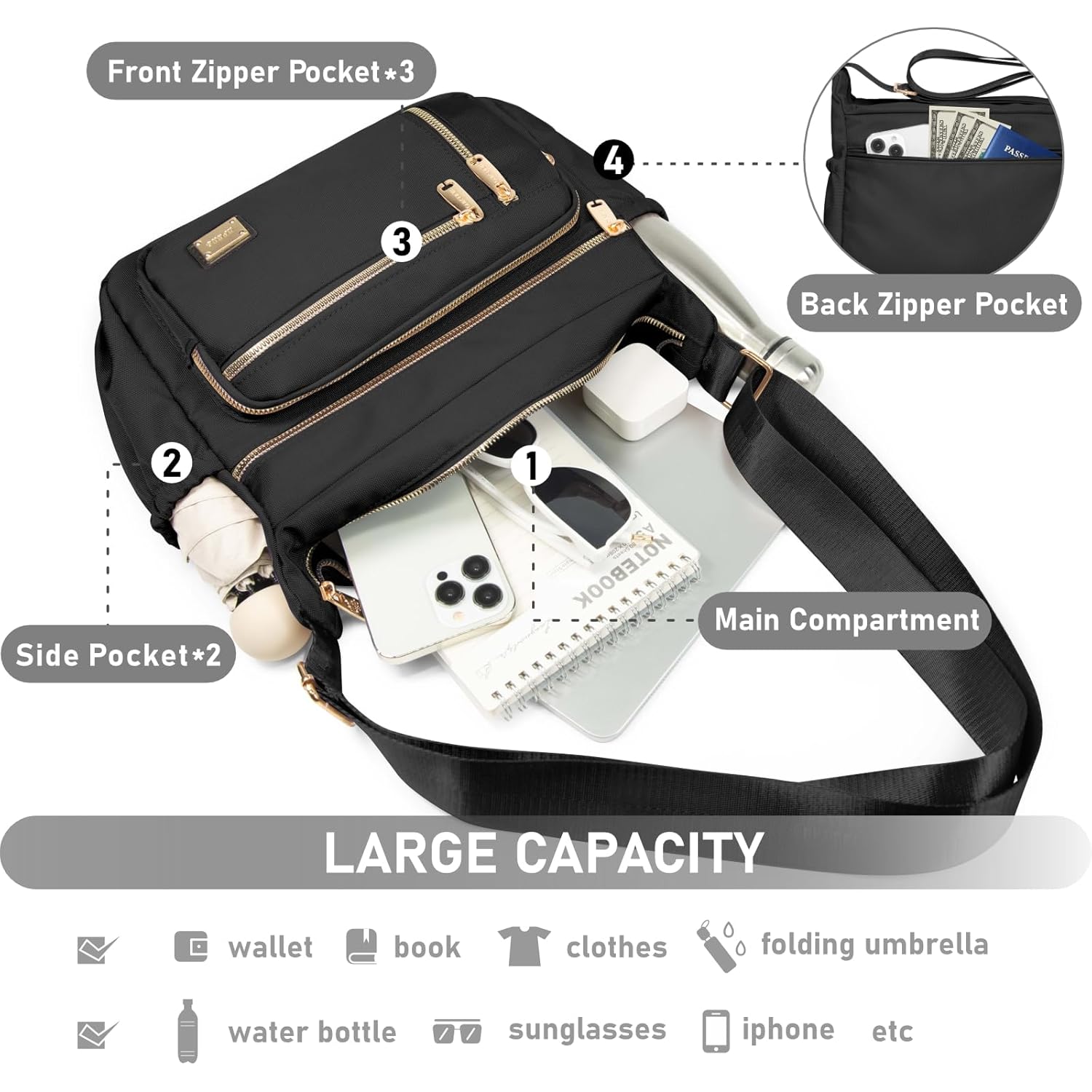 NPBAG Crossbody Bag for Women, Shoulder Purse Handbag Messenger Bag, Trendy Pocketbooks, Waterproof and Multi-Pockets
