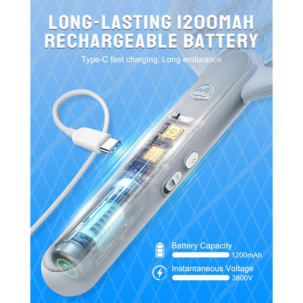 Mosiller Electric Fly Swatter, 3800V Bug Zapper Racket, Rechargeable 1200Mah Mosquito Killer, 3-Layer Safety Mesh, Lightweight, Easy To Use, Indoor Home Office Backyard Patio Camping (Basic 1 Pack)