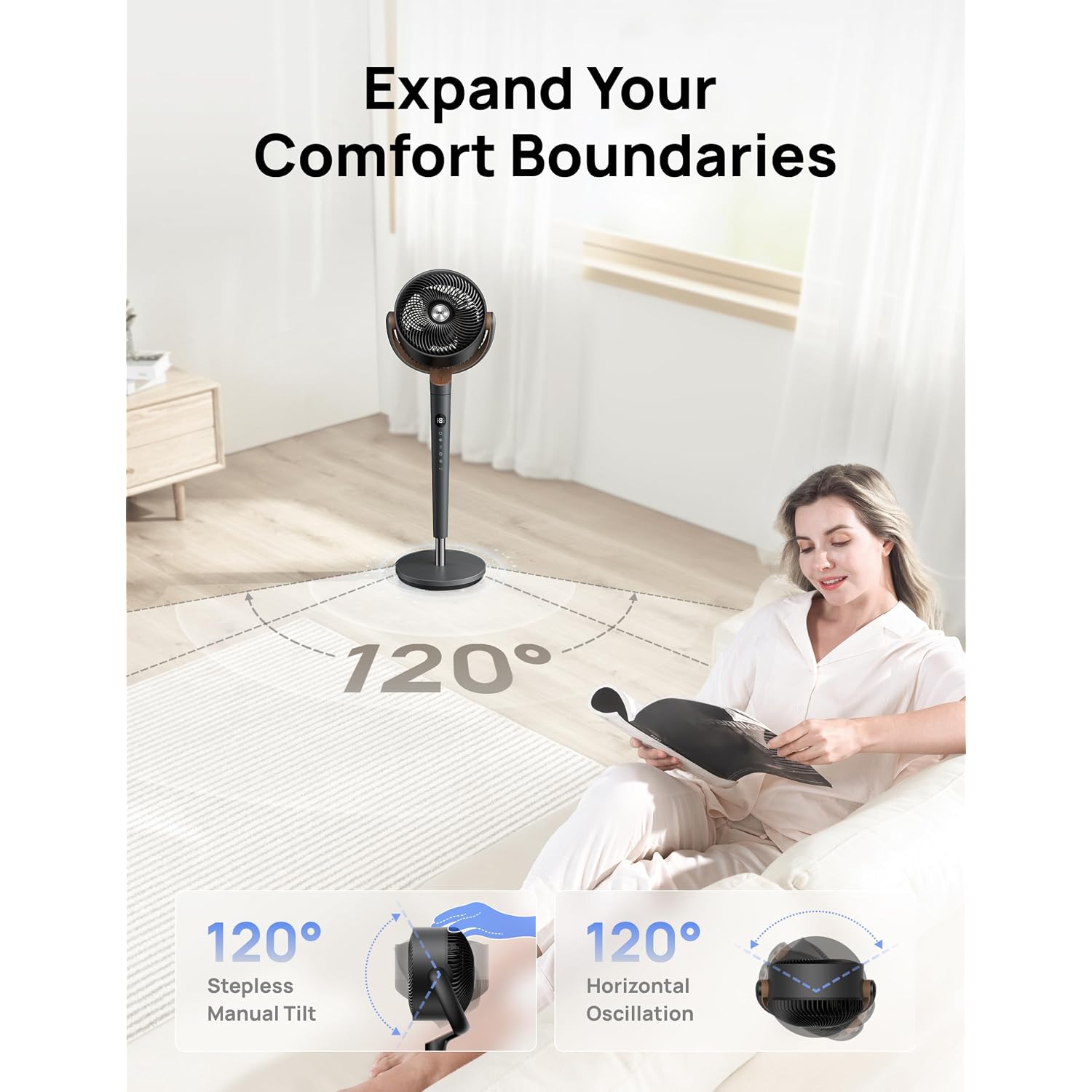 Dreo Fan For Bedroom, 120° Oscillating Standing Fans, Quiet Floor Fan With Dc Motor, 100Ft Pedestal Fans For Room, 9 Speeds, 4 Modes, 20Db, 120° Manual Vertical, 37-42" Adjustable Height, 8H Timer