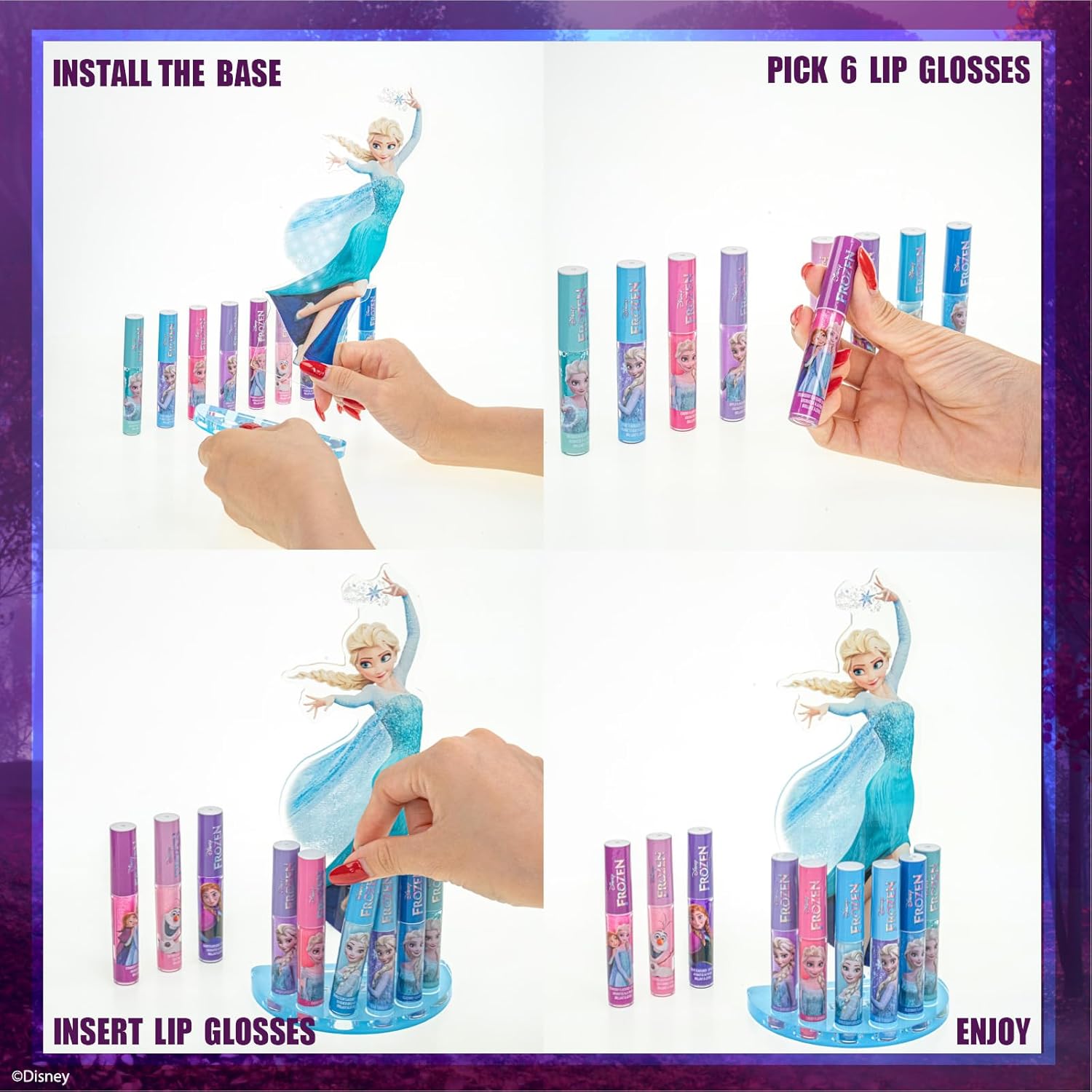 Townley Girl Disney Frozen Elsa Lip Gloss with Acrylic Stand for Storage and Display, Plant Based Lip Gloss, Perfect for Parties, Sleepovers, Makeovers, Birthday Gift for Girls, Age 3