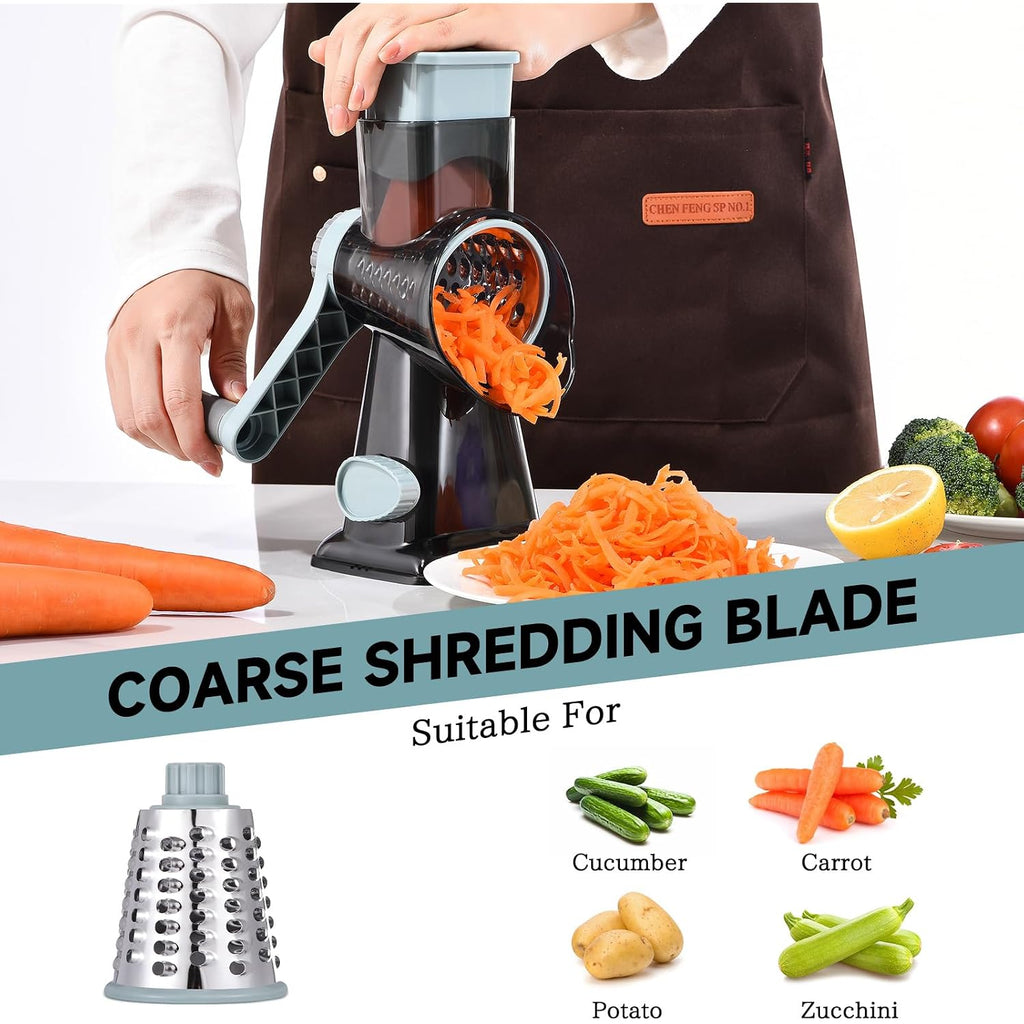 Rotary Cheese Grater With Handle Kitchen Shredder Slicer Grater Slicer Ice Shaver Cheese Vegetable Nuts Potato Zucchini Chocolate 3 Interchangeable Blades (Greyblue
