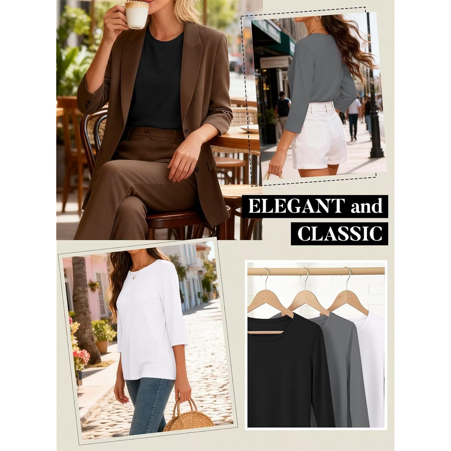 3 Pack 3/4 Sleeve Tops for Women Crewneck Basics Casual Work Tees Spring Summer Trendy T Shirts 2026 Clothes Blouses