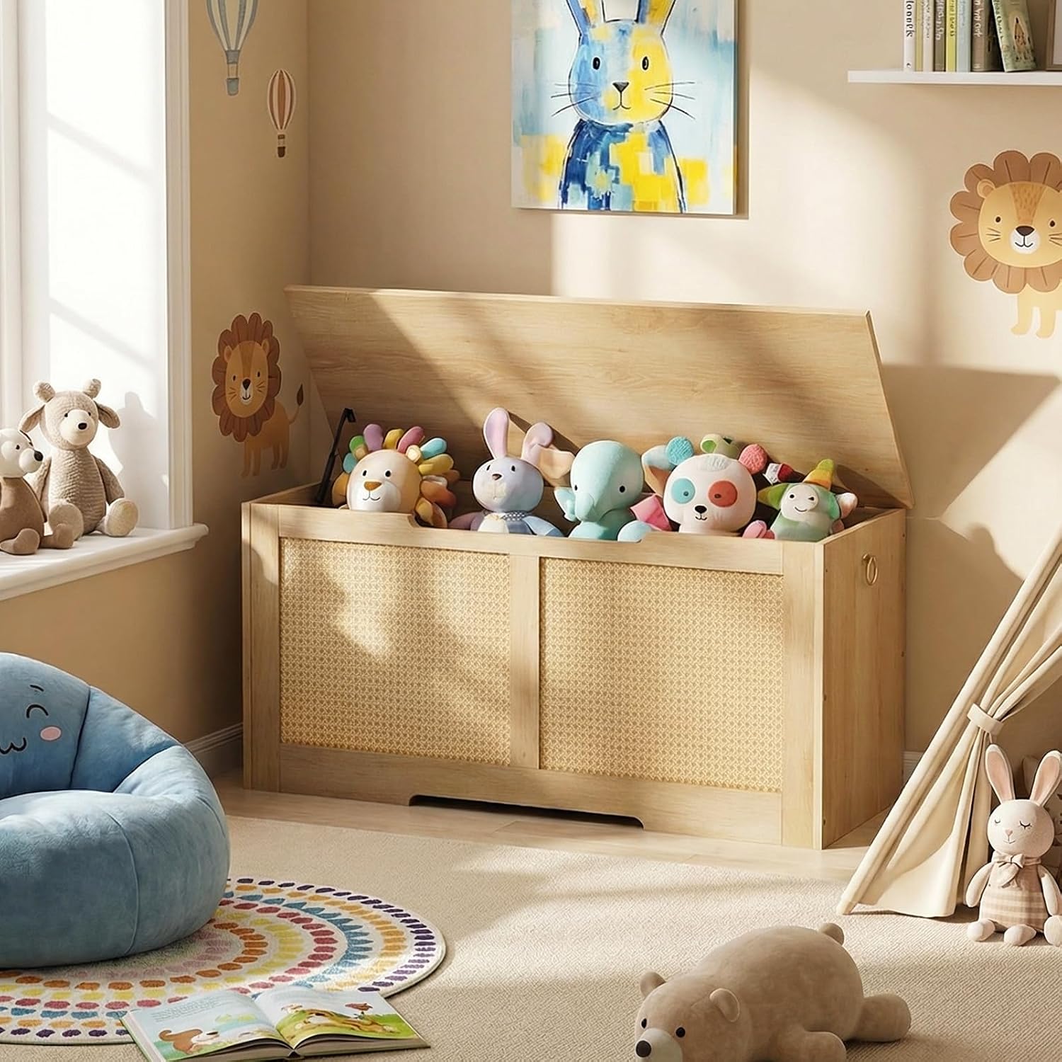 Hoobro Storage Bench, 39.3" Toy Box, Rattan-Like Storage Chest, Sturdy Entryway Bench Supports 220 Lb, Toy Chest, Safety Hinge, U-Shaped Opening, Easy Assembly, Natural Nl11Cw01