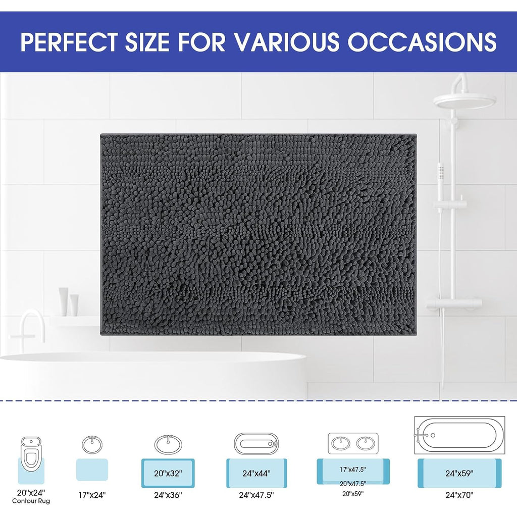 Striped Grey Bathroom Rug Mat 32"X20" Ultra Soft, Non Slip Chenille Bath Rugs, Absorbent Plush Shaggy Bath Mats For Bathroom, Bedroom, Kitchen, Shower, Tub,Deep Grey