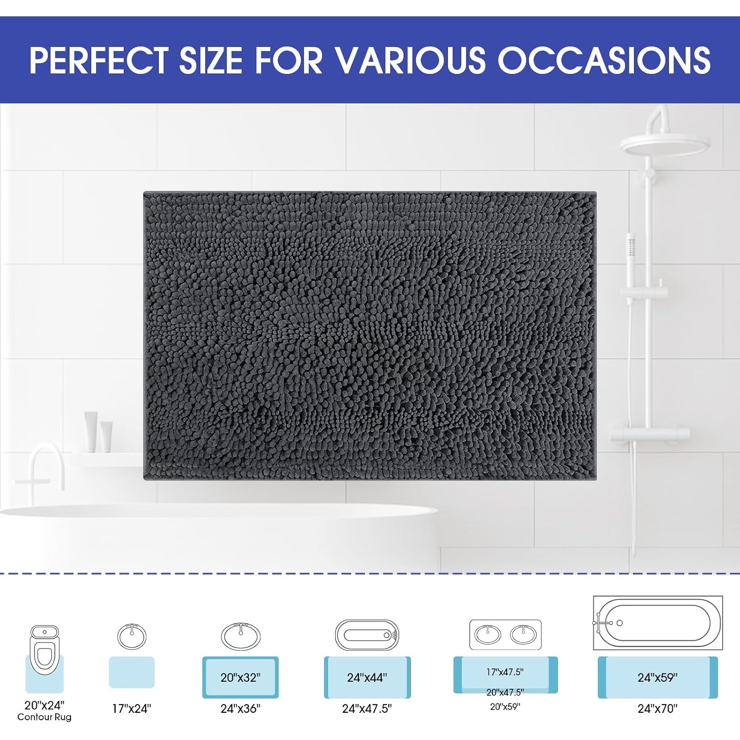 Striped Grey Bathroom Rug Mat 32"X20" Ultra Soft, Non Slip Chenille Bath Rugs, Absorbent Plush Shaggy Bath Mats For Bathroom, Bedroom, Kitchen, Shower, Tub,Deep Grey