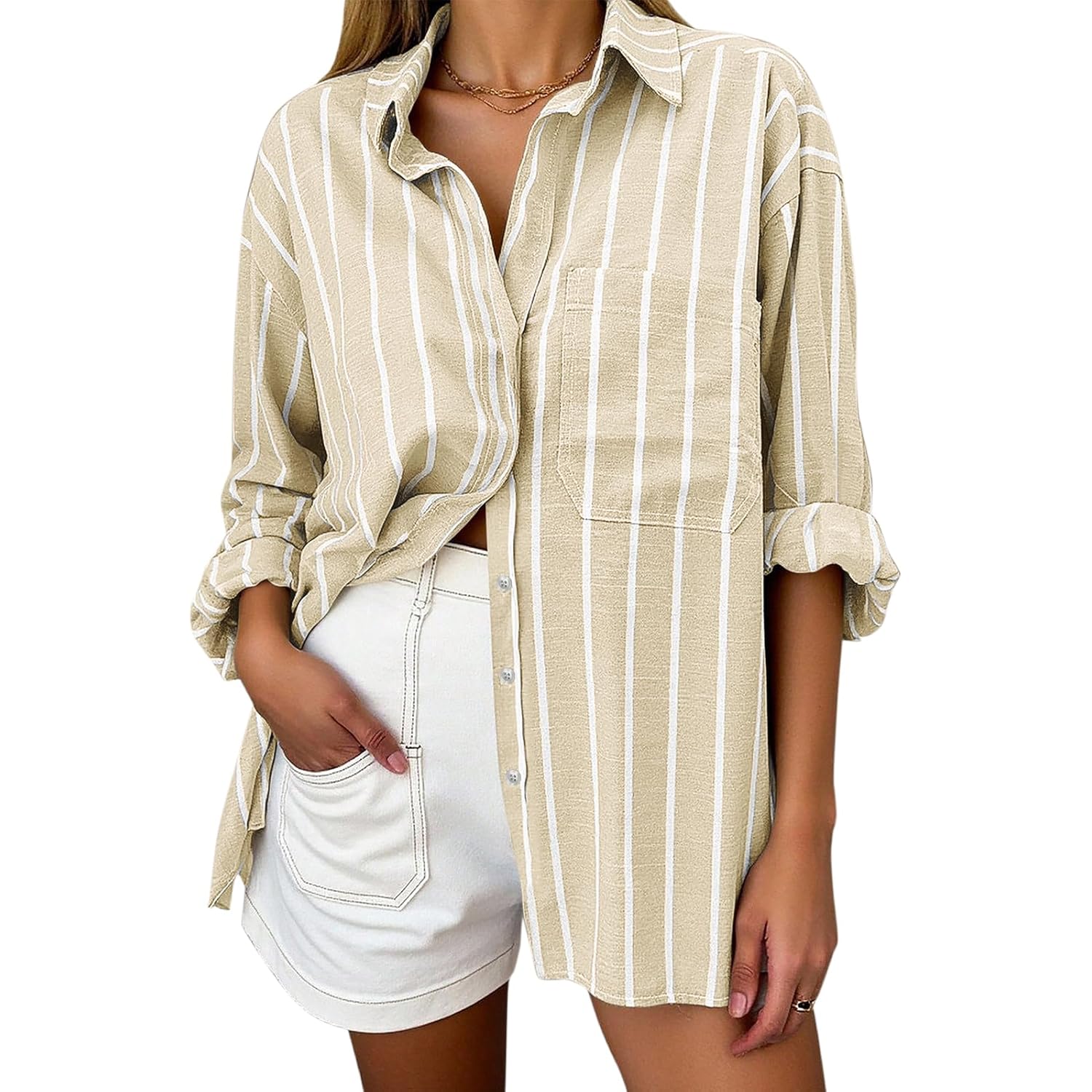 Oversized Button Down Shirts for Women Linen Shirt Long Sleeve Collared Blouses with Pocket Beach Vacation Outfit 2026