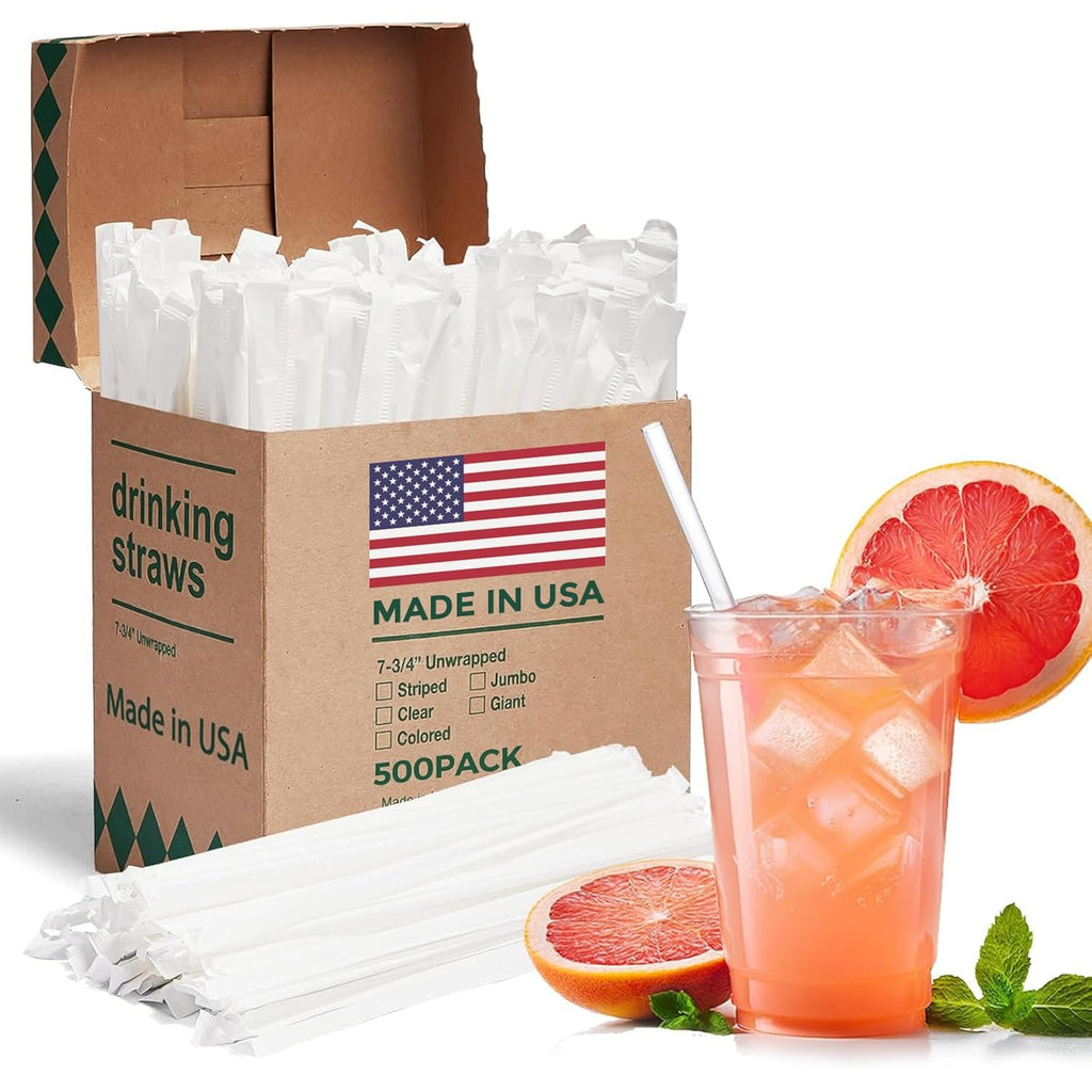 Glotoch Express 500Pcs Individually Wrapped Clear Plastic Straws, 7.75'' Long, 0.24'' Diameter Disposable Drinking Straws For Every Occasion, Party, Made In Usa