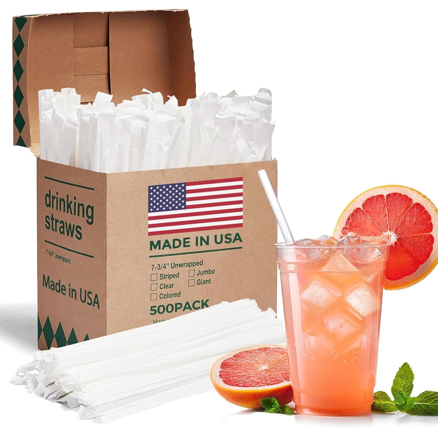 Glotoch Express 500Pcs Individually Wrapped Clear Plastic Straws, 7.75'' Long, 0.24'' Diameter Disposable Drinking Straws For Every Occasion, Party, Made In Usa