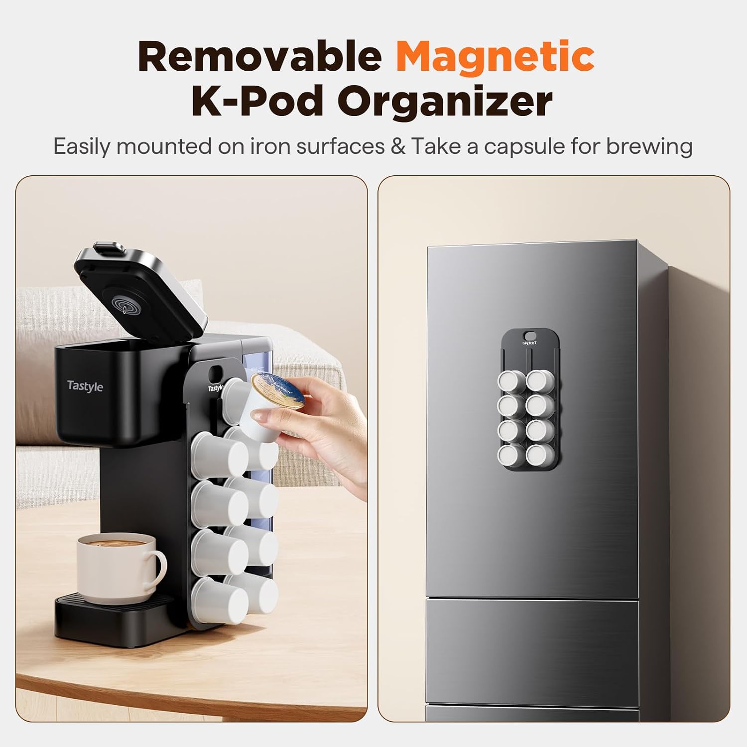 Tastyle Hot & Iced Coffee Maker With Magnetic K-Pod Organizer (Pods Not Included), Stores 10 Pods, 4-5 Cups Coffee Maker & Single-Serve Brewer For K Cup & Grounds, 40Oz Removable Water Tank, Black