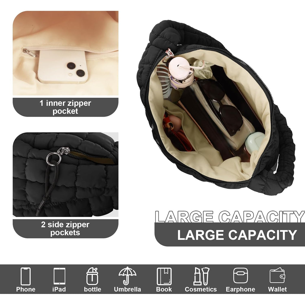 Quilted Puffer Tote Bag Purse Puffy Crossbody Shoulder Bag,Lightweight Nylon Hobo Bag Puffer Carryall Bag For Women Girl