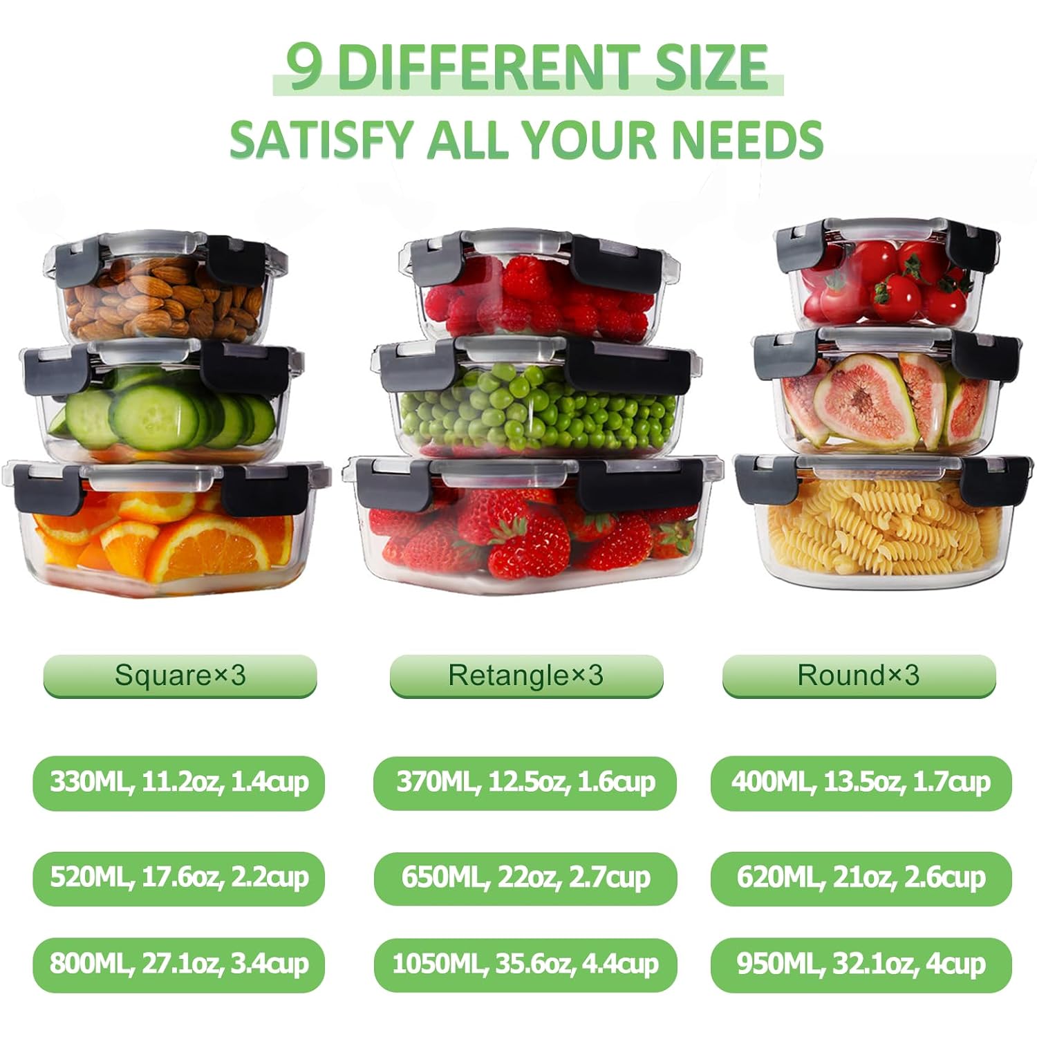 HOMBERKING 18 Piece Glass Food Storage Containers with Lids, Glass Meal Prep Containers, Airtight Lunch Bento Boxes, BPA-Free & Leak Proof, Oven, Freezer and Dishwasher Safe (9 lids & 9 Containers)