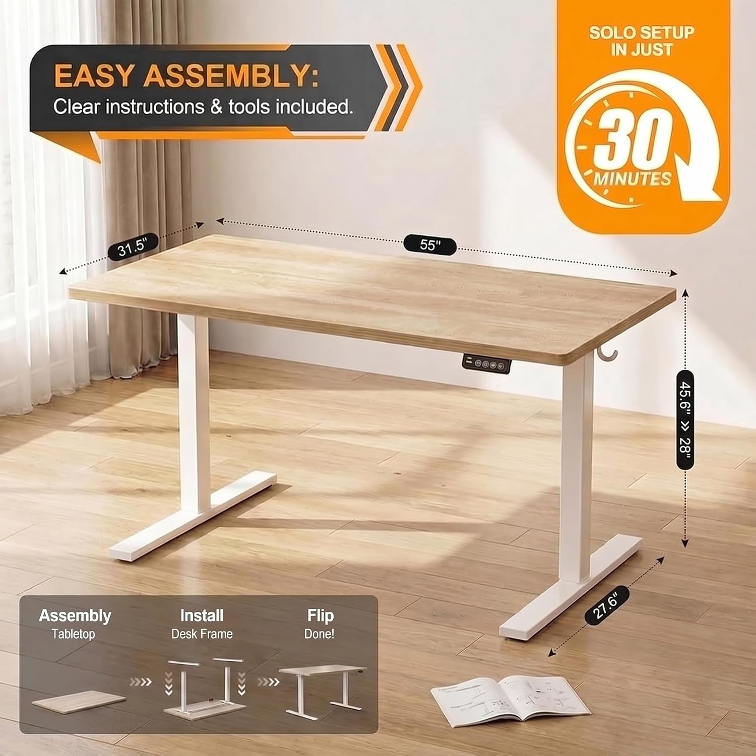 55X32 Extra-Deep Electric Standing Desk, Wide Desktop Fits 49" Ultrawide Monitor+Dual Screens, 176 Lbs Capacity, 2 Memory Presets, Anti Collision, Computer Desk For Home Office & Gaming, Oak