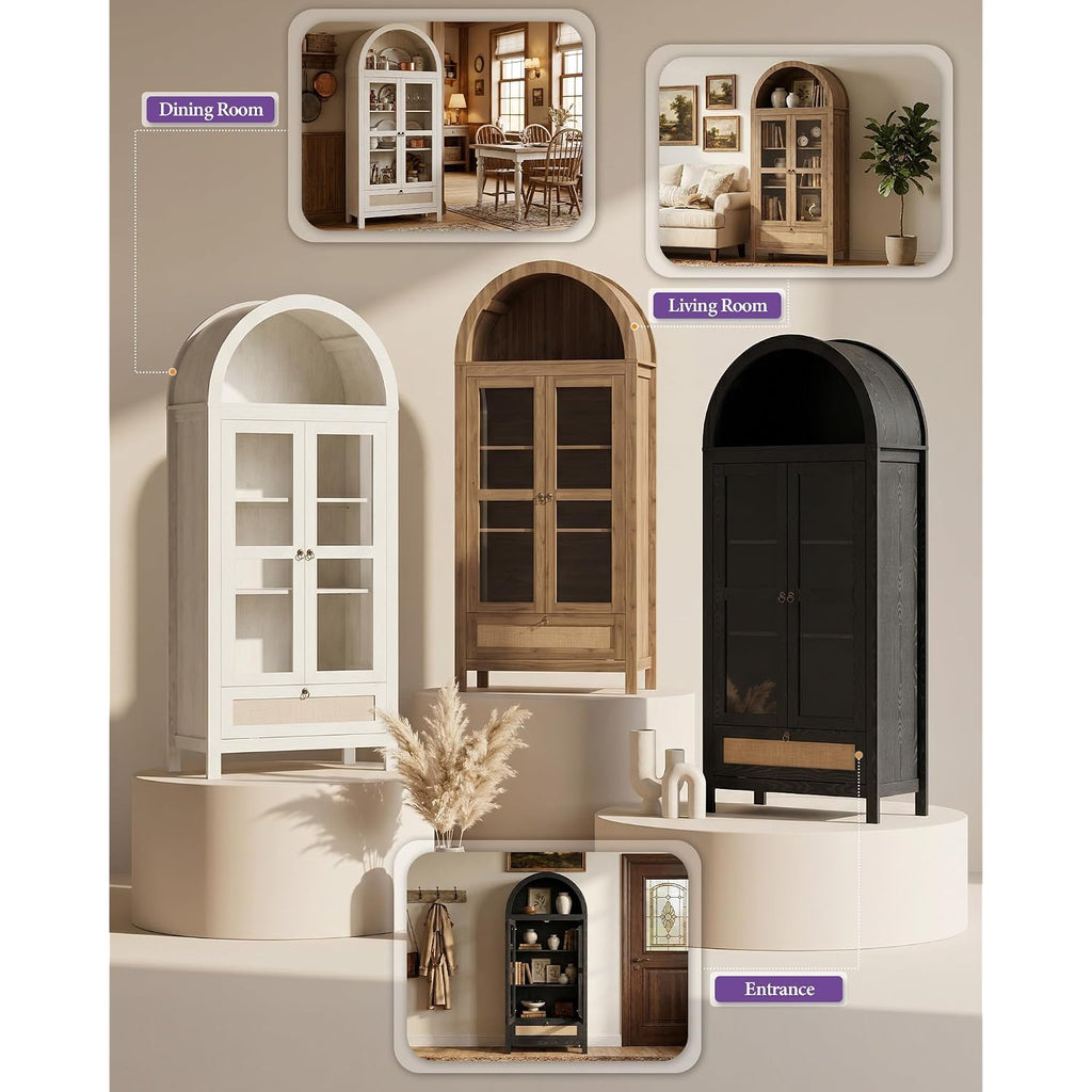 71" Tall Arched Pantry Cabinet With Innovative Drawer, Kitchen Cabinet With Anti-Tipping Device And Glass Door, Versatile Cupboard For Kitchen, Dining, Natrual